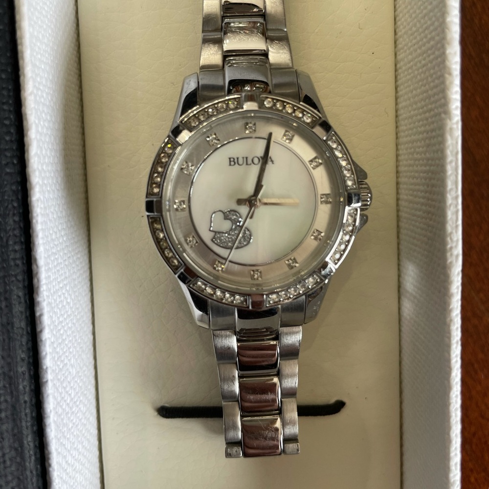 Bulova women’s silver watch with Swarovski crystals